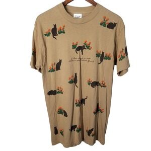 Vintage Painted Lady Cat Flower All Over Print TShirt Tan Womens Medium USA Made